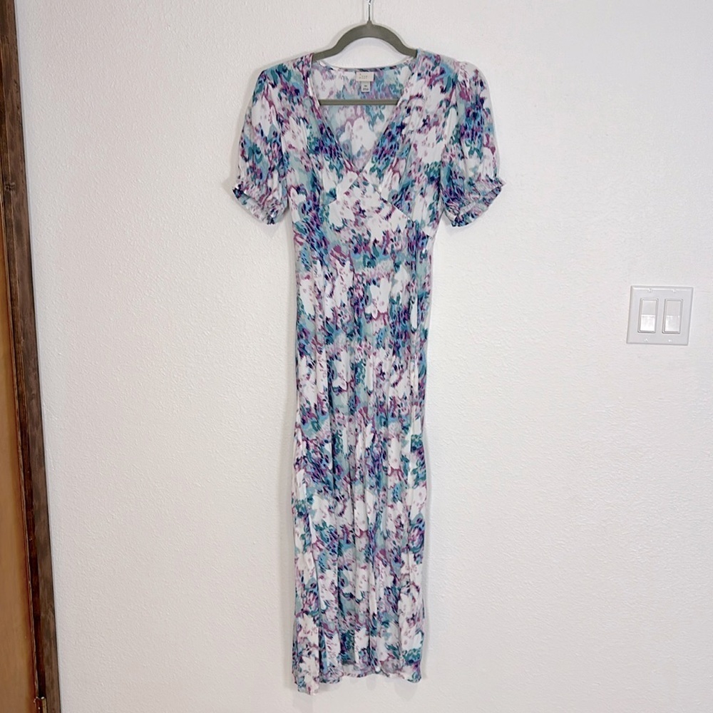Cottagecore Watercolor Print Puffed Smocked Sleeve Long Flowy Maxi Dress | Sz XS